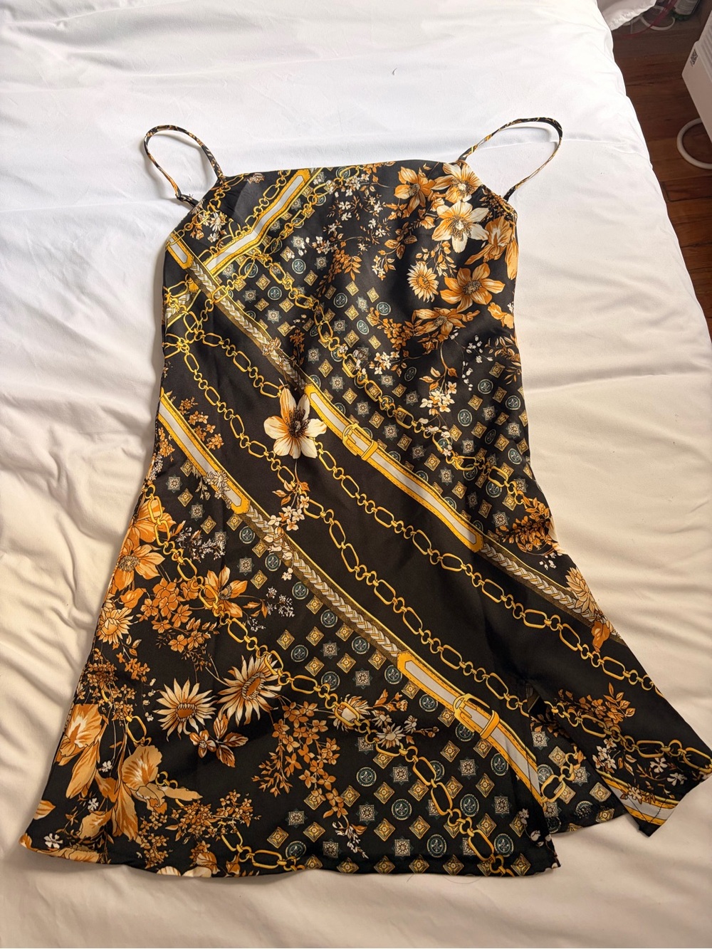 Princess Polly Black Slip Dress with Gold Floral & Chain Print